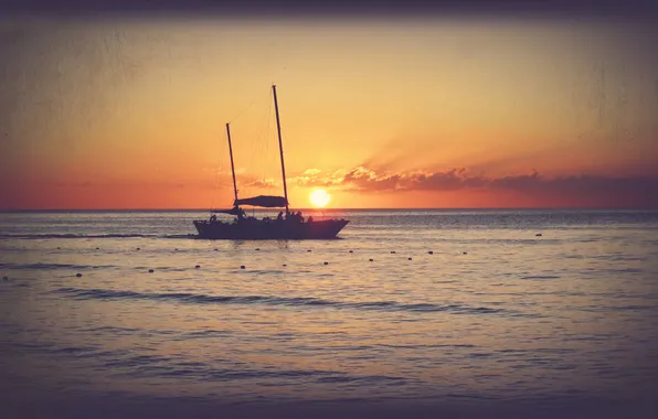 Картинка море, солнце, закат, лодка