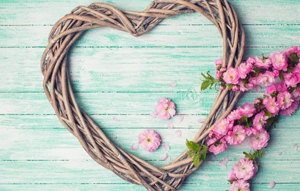 Цветы, ветки, сердце, love, розовые, бутоны, heart, wood