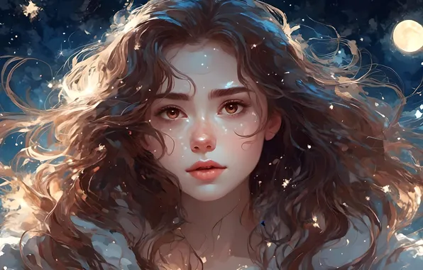 Взгляд, девушка, свет, ночь, луна, рисунок, портрет, картина