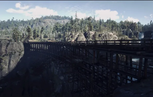 HDR, Wood, Bridge, Mountain, Waterfall, Game, UHD, 4K