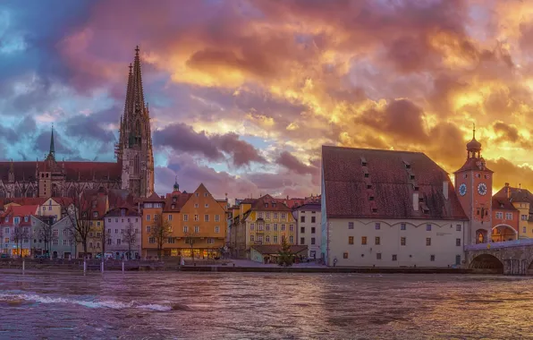 Картинка небо, закат, мост, река, здания, дома, Германия, Бавария