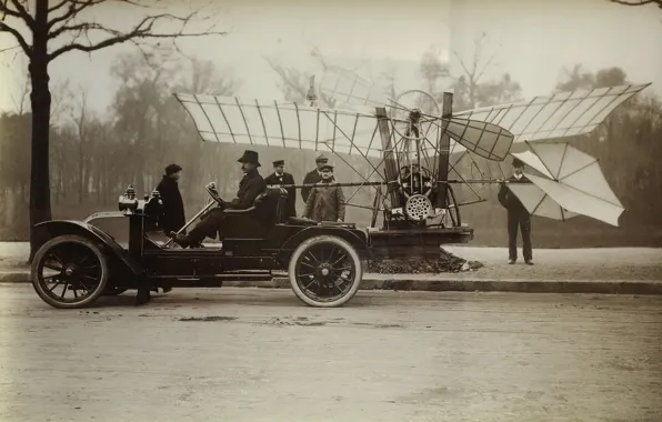 Самолет, люди, автомобиль, Santos Dumont, бразильский авиатор