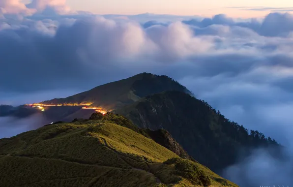 Картинка небо, облака, горы, туман, холмы, Тайвань