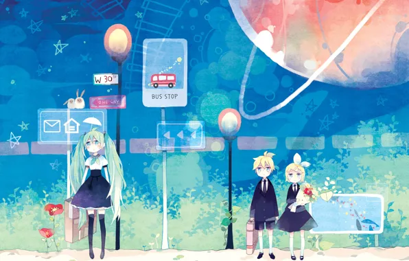 Дети, аниме, арт, Vocaloid, Вокалоид, персонажи, остановка