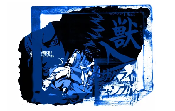 Катана, иероглифы, кимоно, трое, art, jin, samurai champloo, fuu