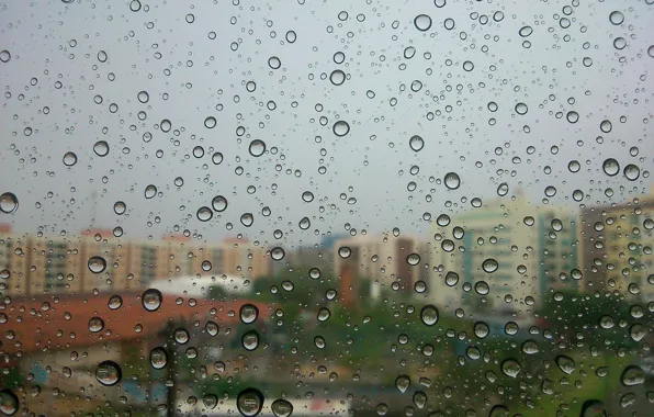 Bokeh, drops, buildings, rainy