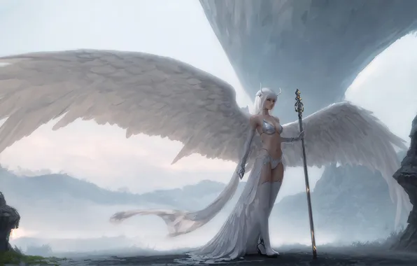 Girl, fantasy, horns, art, wings, hybrid, blond, digital art