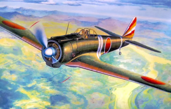Картинка war, art, airplane, painting, aviation, ww2, Nakajima Ki-43 Hayabusa &ampquot;Oscar&ampquot;