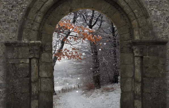Зима, снег, природа, стена, арка, wall, Nature, winter