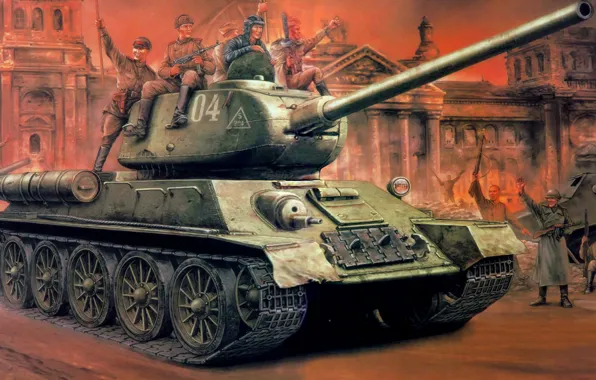 War, art, painting, ww2, T-34-85