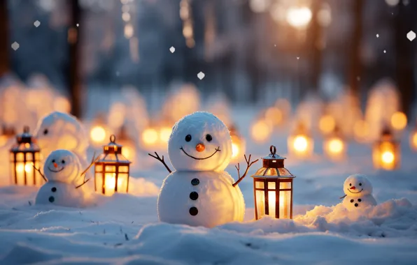 Снеговик, Новый Год, snow, зима, lantern, снежинки, snowflakes, New Year