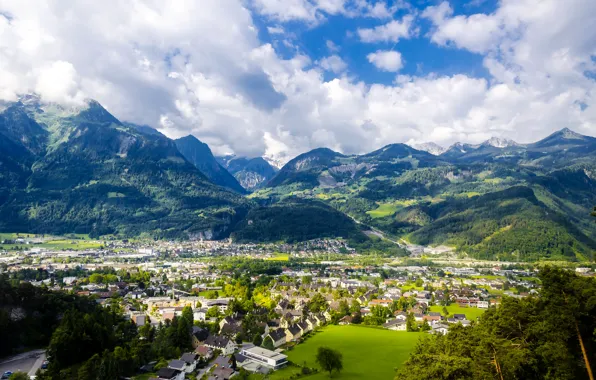 Горы, дома, Австрия, долина, панорама, городок, вид сверху, Muttersberg