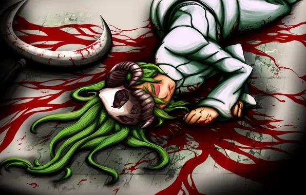 Девушка, оружие, кровь, череп, арт, зеленые волосы, на полу, bleach