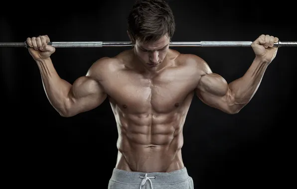 Sexy, power, muscles, bodybuilding, metal bar
