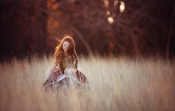 Картинка поле, ветер, девочка, рыжеволосая