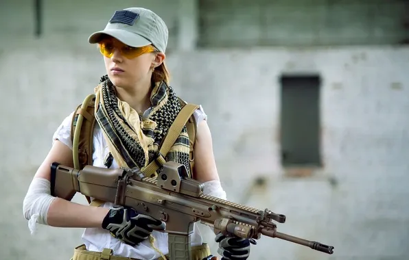 Girl, gun, cap, glasses