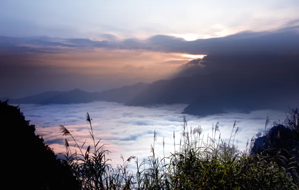 Картинка небо, облака, закат, горы, туман, высота, вечер, Тайвань