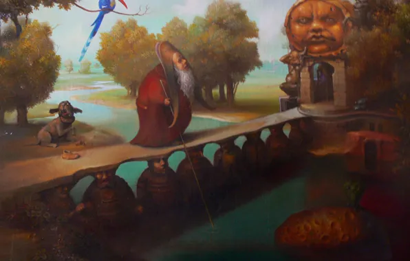 Картинка мост, собака, попугай, старик, Сюрреализм, Лазарев И.А