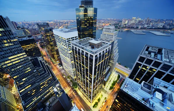 Картинка здания, Нью-Йорк, ночной город, Манхэттен, небоскрёбы, Manhattan, New York City