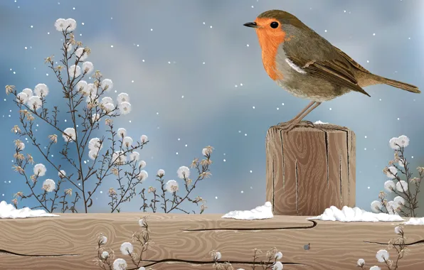 Картинка снег, природа, птица, рисунок, растение, столбик