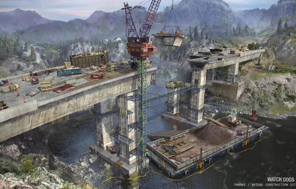 Мост, стройка, техника, Watch Dogs - environments, bridge construction