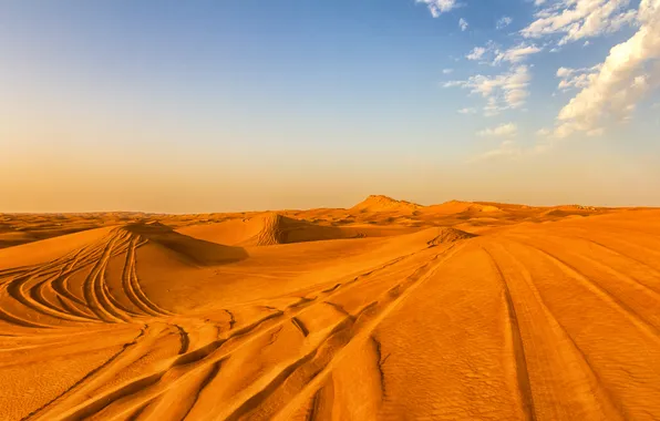 Картинка песок, облака, следы, пустыня, Дубаи, Dubai, desert
