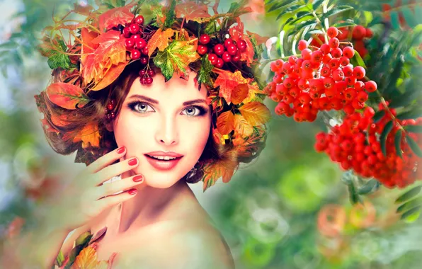 Картинка листья, девушка, цветы, ветки, красный, ягоды, креатив, фон