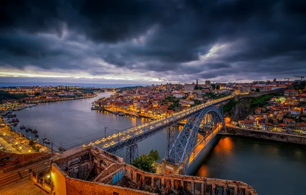 Мост, река, Португалия, ночной город, Portugal, Vila Nova de Gaia, Porto, Порту