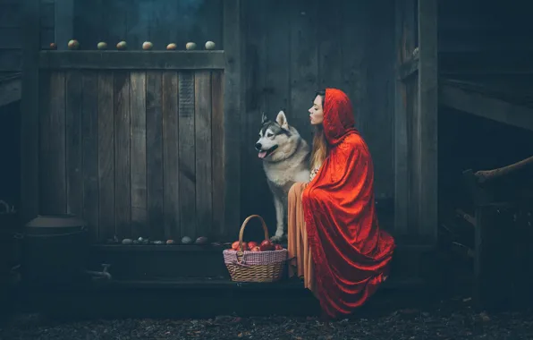 Картинка девушка, настроение, корзина, яблоки, собака, капюшон, плащ, Grant Lampard