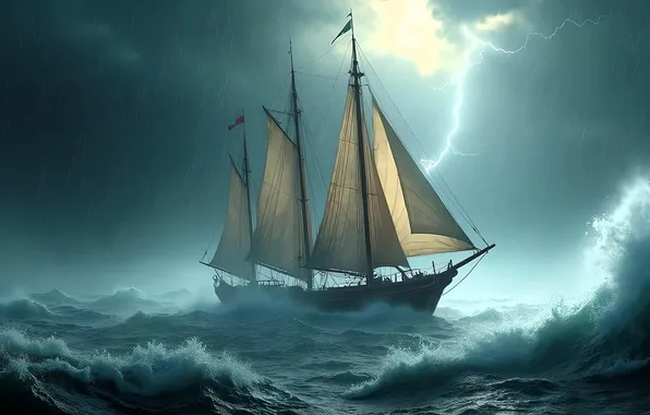 Море, волны, тучи, шторм, молния, корабль, парусник
