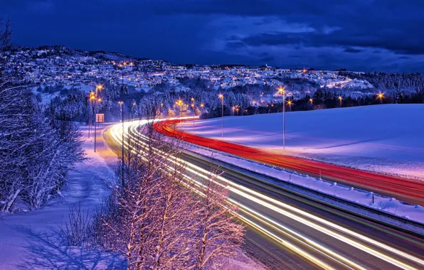 Зима, дорога, lights, выдержка, Норвегия, фонари, Winter, Norway