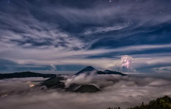 Картинка облака, пейзаж, природа, Индонезия, Ява, Indonesia, вулкан Бромо, Bromo-Tengger-Semeru National Park