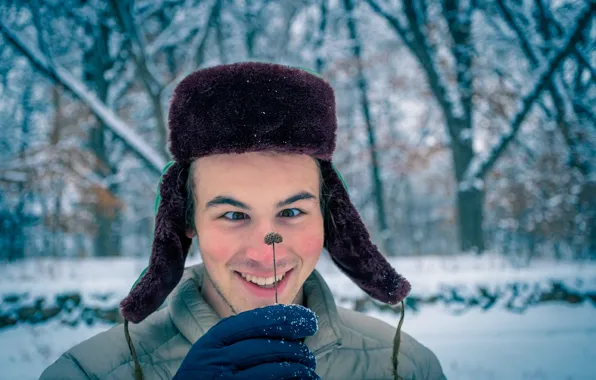 Зима, лес, взгляд, снег, деревья, радость, ветки, лицо