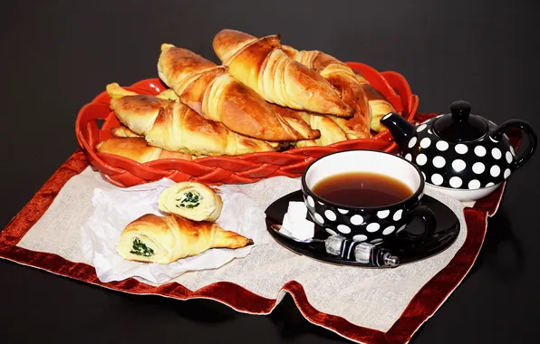 Картинка чай, выпечка, круассаны, croissant, tea, рогалики, baking