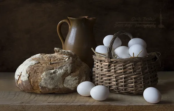 Яйца, хлеб, кувшин, натюрморт, деревенский