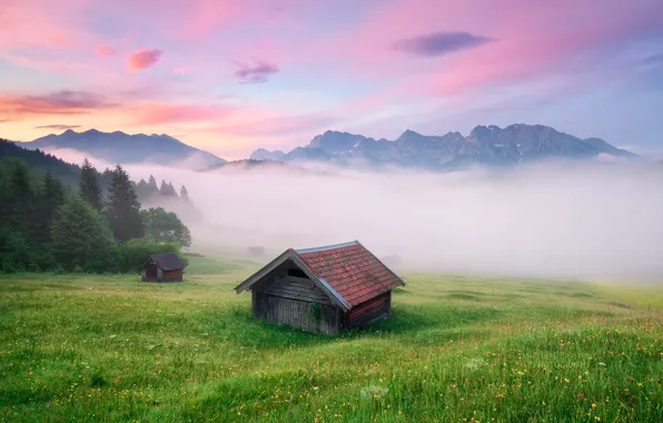 Картинка туман, вечер, Германия, Альпы, домики, Michael Breitung, Бовария