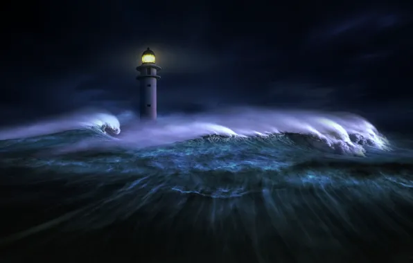 Море, волны, свет, ночь, темнота, графика, маяк, digital art
