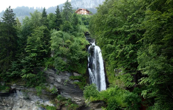Картинка небо, деревья, горы, дом, водопад, Switzerland, швейцария, Reichenbach