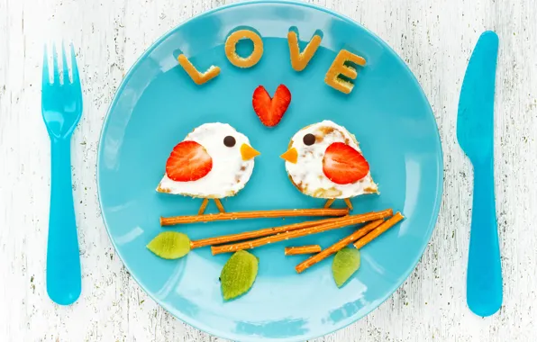 Завтрак, клубника, тарелка, funny, breakfast, бутерброды, Valentines Day