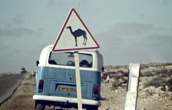 Картинка дорога, небо, облака, знак, пустыня, Volkswagen, верблюд, сзади