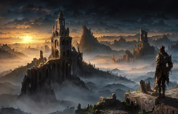 Landscape, sunset, art, painting, ruins, castle, digital art, mounts