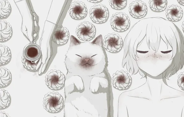 Кошка, чай, мальчик, спят, корзиночки, объелись, by avogado6