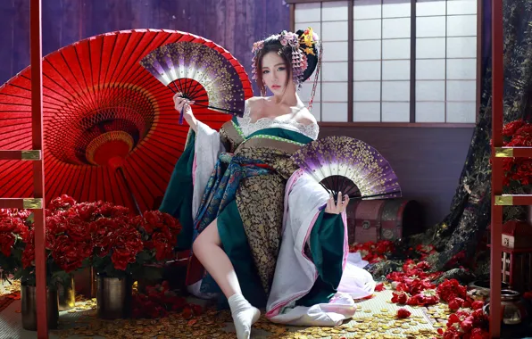 Девушка, цветы, зонт, гейша, кимоно, азиатка, веера