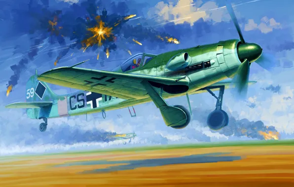 Картинка war, art, airplane, painting, Focke-Wulf FW190D-12