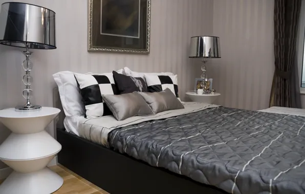 Картинка дизайн, стиль, комната, черно-белый, лампа, кровать, интерьер, подушки
