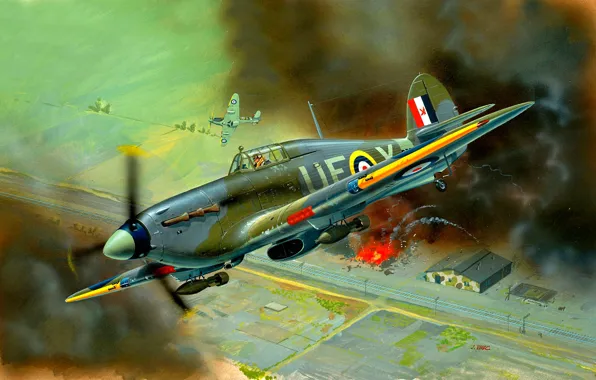 Взрыв, дым, Великобритания, истребитель-бомбардировщик, Hurricane Mk IIB, авиабомбы, двенадцать 7.7 пулеметов Browning.303, Двигатель Rolls-Royce Merlin …