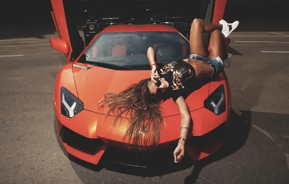 Girl, lamborghini, orange, aventador, lp700-4