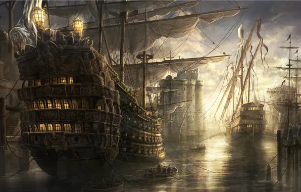 Картинка море, замок, корабли