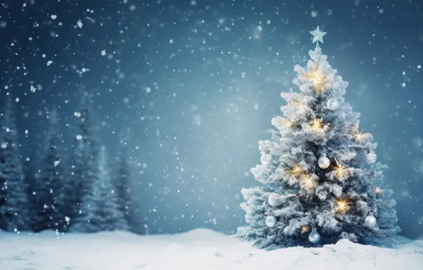 Картинка зима, снег, украшения, lights, шары, елка, Новый Год, Рождество
