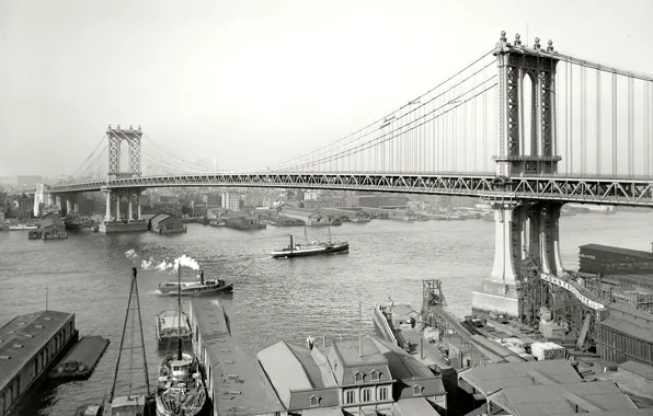 Мост, ретро, река, корабль, Нью-Йорк, США, 1908-й год